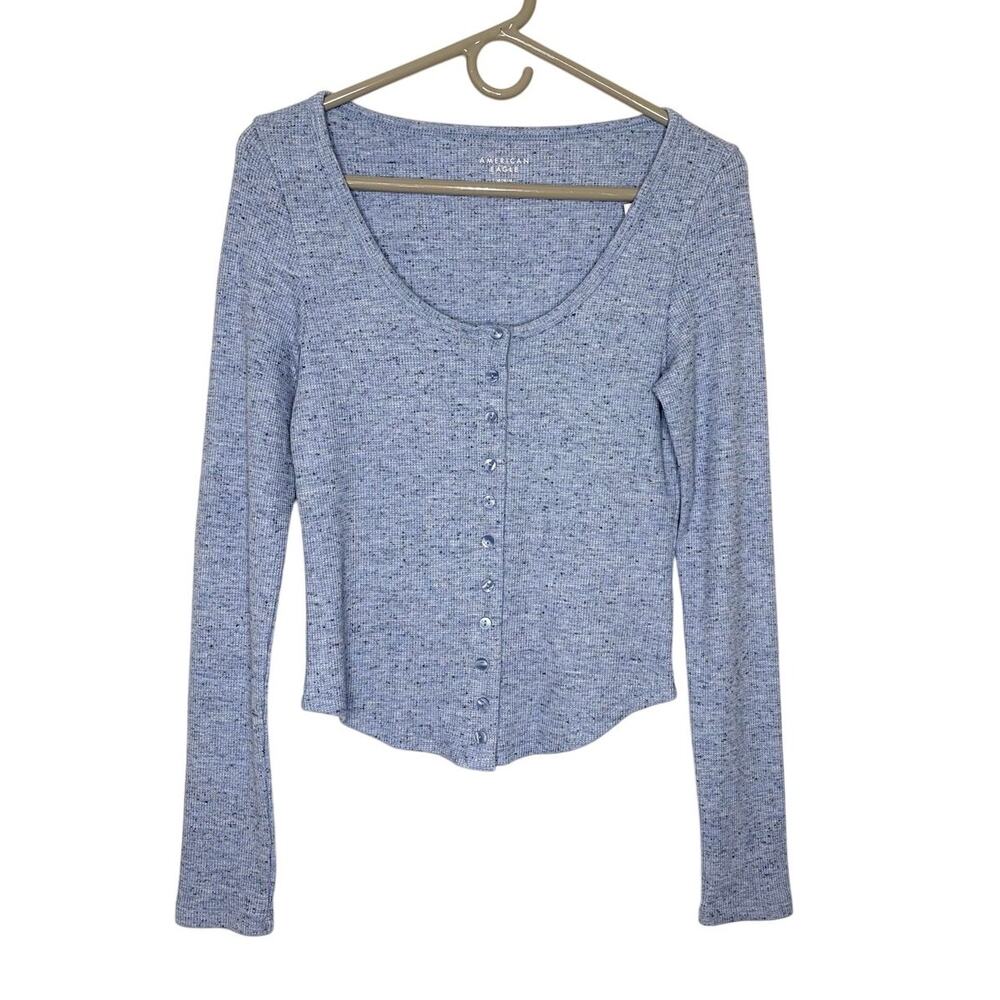 American Eagle Outfitters Henley Waffle Knit Thermal Top Sz M Heathered Blue NWT